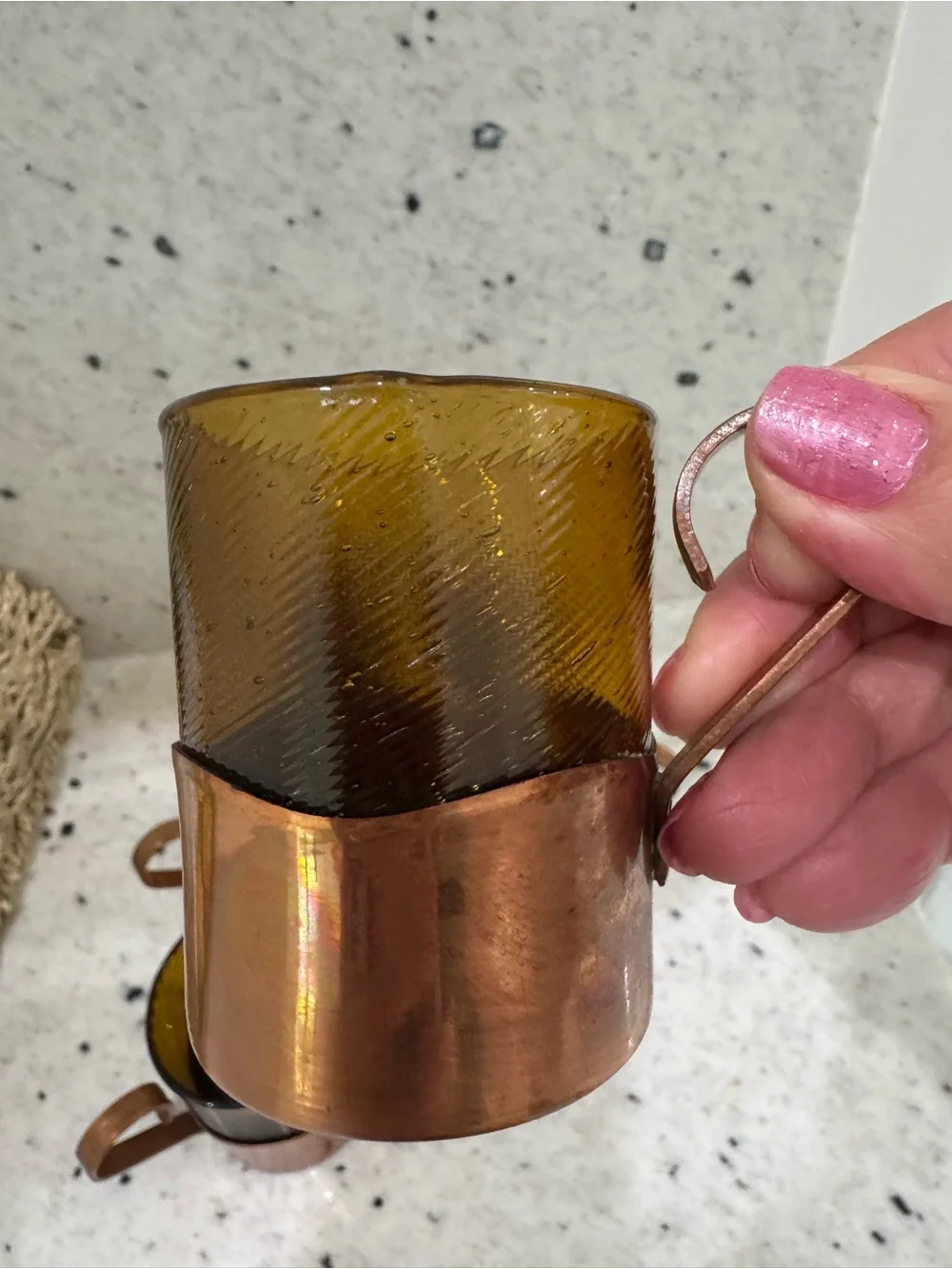 Amber Glass Tea Cups with Copper Holders - Set of 6
